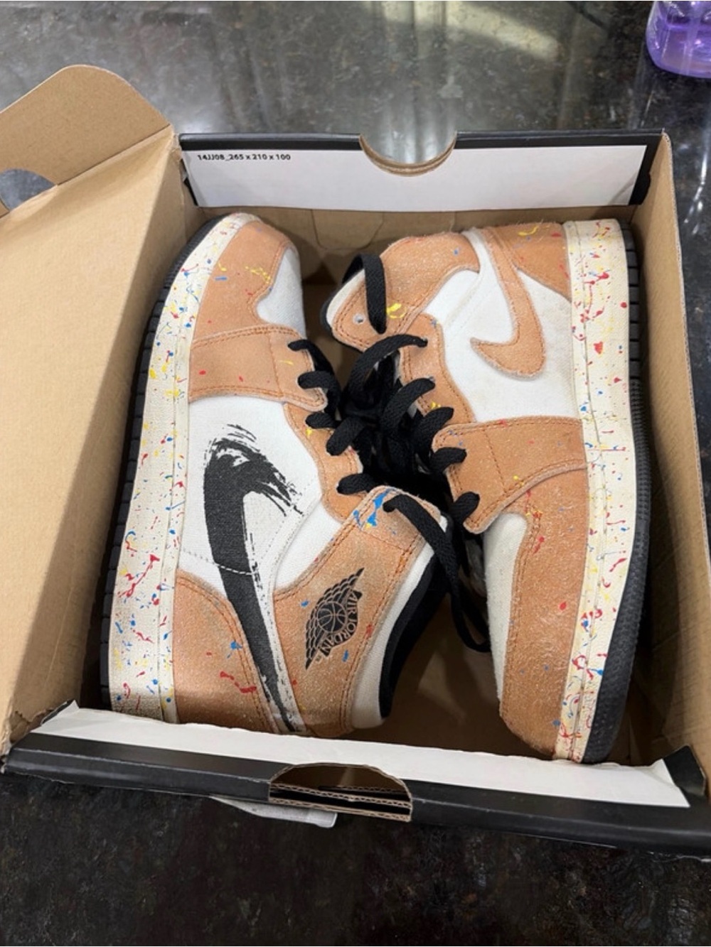 Jordan Kids High-Top Sneakers in Tan, White and Black with Speckled Midsole